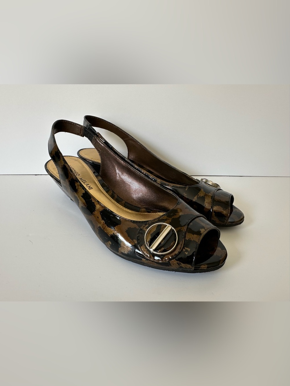 Antonio Melani 8M Leopard Print Patent Leather slingback peep-toe wedge shoe